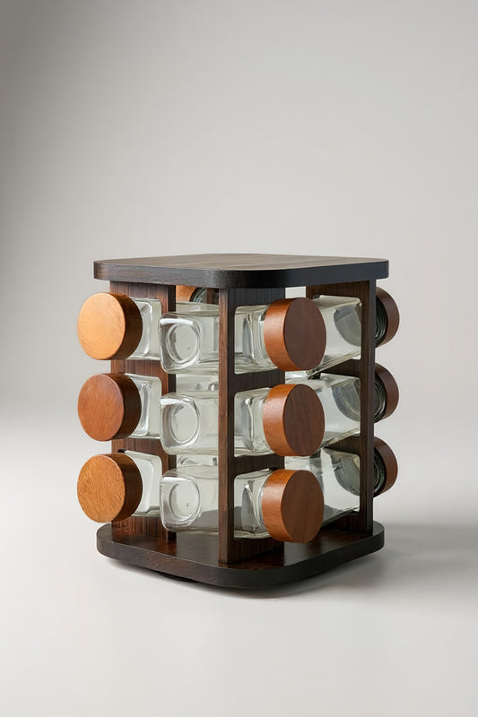 12 li Akasya Kapaklı Etiketli 360 Derece Döner Akasya Standlı Cam Baharatlık Seti KW-865