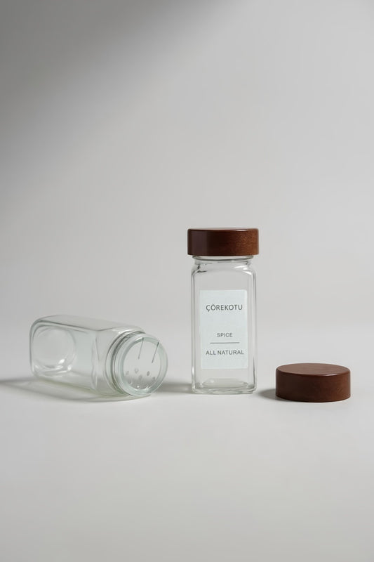 12 li Akasya Kapaklı Etiketli 360 Derece Döner Akasya Standlı Cam Baharatlık Seti KW-865