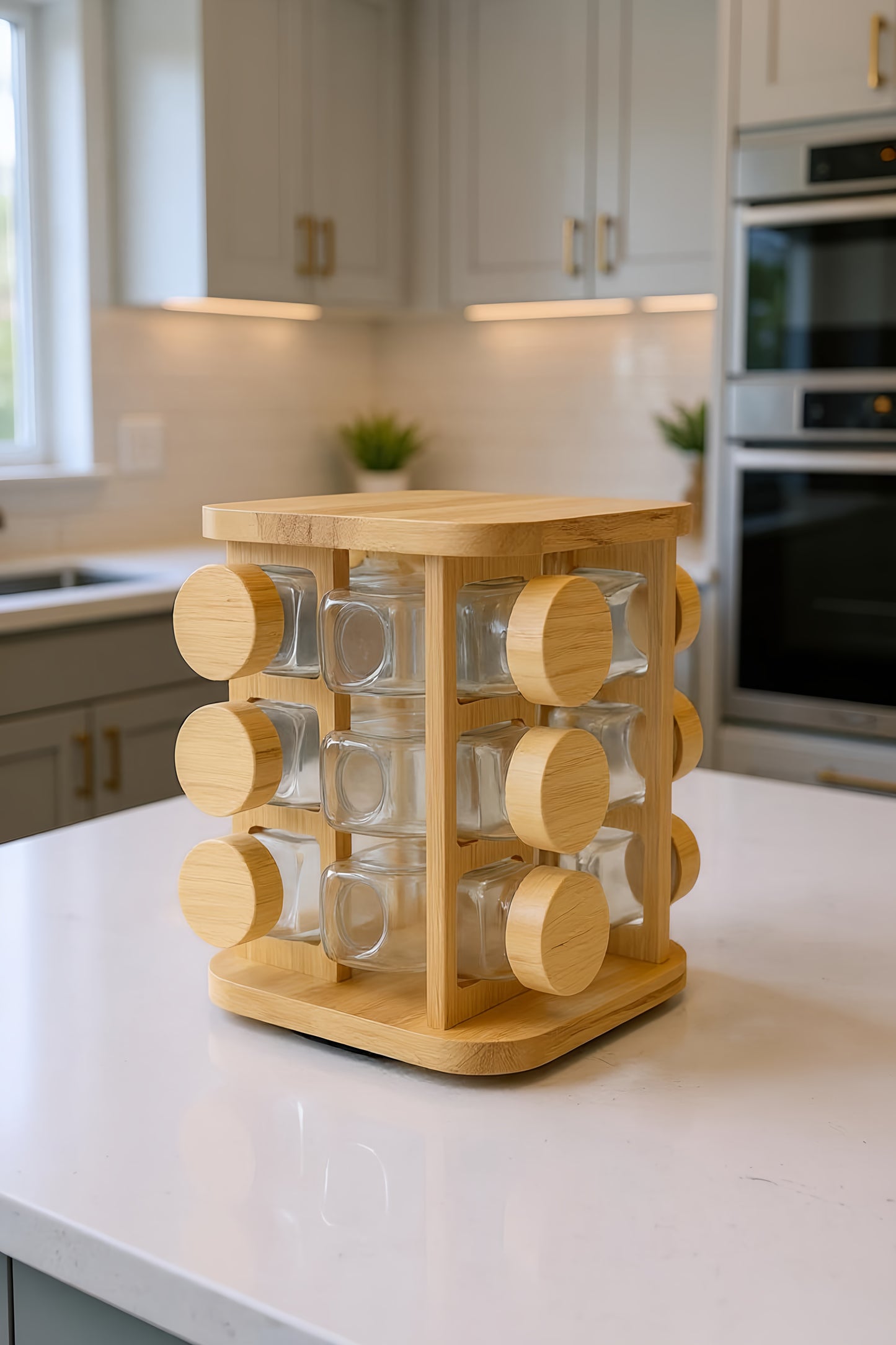 12 li Bambu Kapaklı Etiketli 360 Derece Döner Bambu Standlı Cam Baharatlık Seti KW-871
