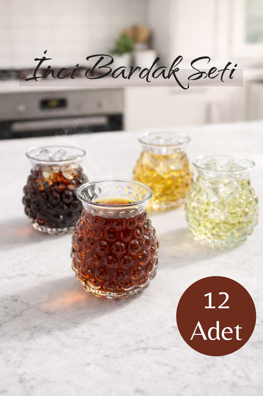 12’li 200 ML Borosilikat Desenli Cam İnci Bardak Seti Isıya Dayanıklı Şeffaf KW-722