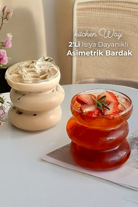 2'li Isıya Dayanıklı Asimetrik Şerit Stil Dev Bardak 500ML Kahve Sunum Kokteyl Bardağı KW-132