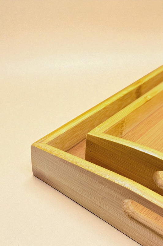 2 Li Klasik Kulplu Bambu Tepsi Seti KW-443