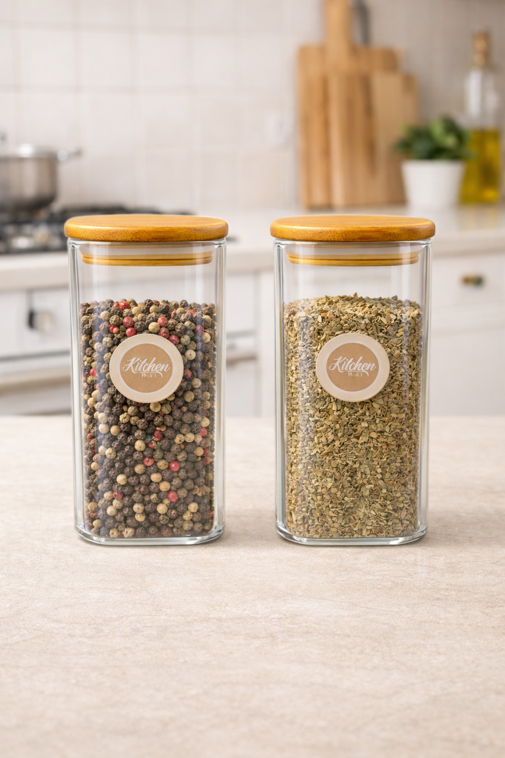 Bambu Kapaklı 2li Kare Cam Kavanoz Seti 400ML Gıda Saklama Kavanozu KW-1162