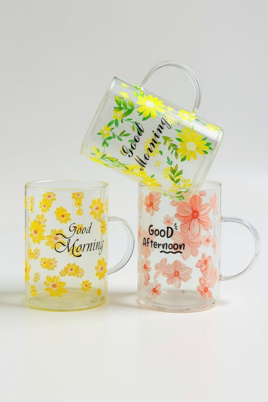 3 Lü Good Morning Çiçekli Borosilikat Cam Kupa Bardak Seti KW-712