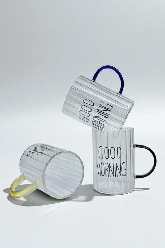 3 Lü Good Morning Çizgi Tasarımlı Borosilikat Cam Kupa Bardak Seti KW-706