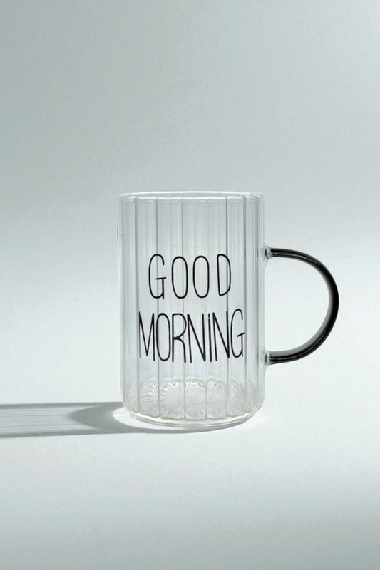 3 Lü Good Morning Çizgi Tasarımlı Borosilikat Cam Kupa Bardak Seti KW-706