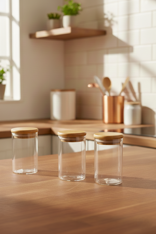 3 Lü Bambu Kapaklı Cam Baharatlık Seti 5x8CM KW-374
