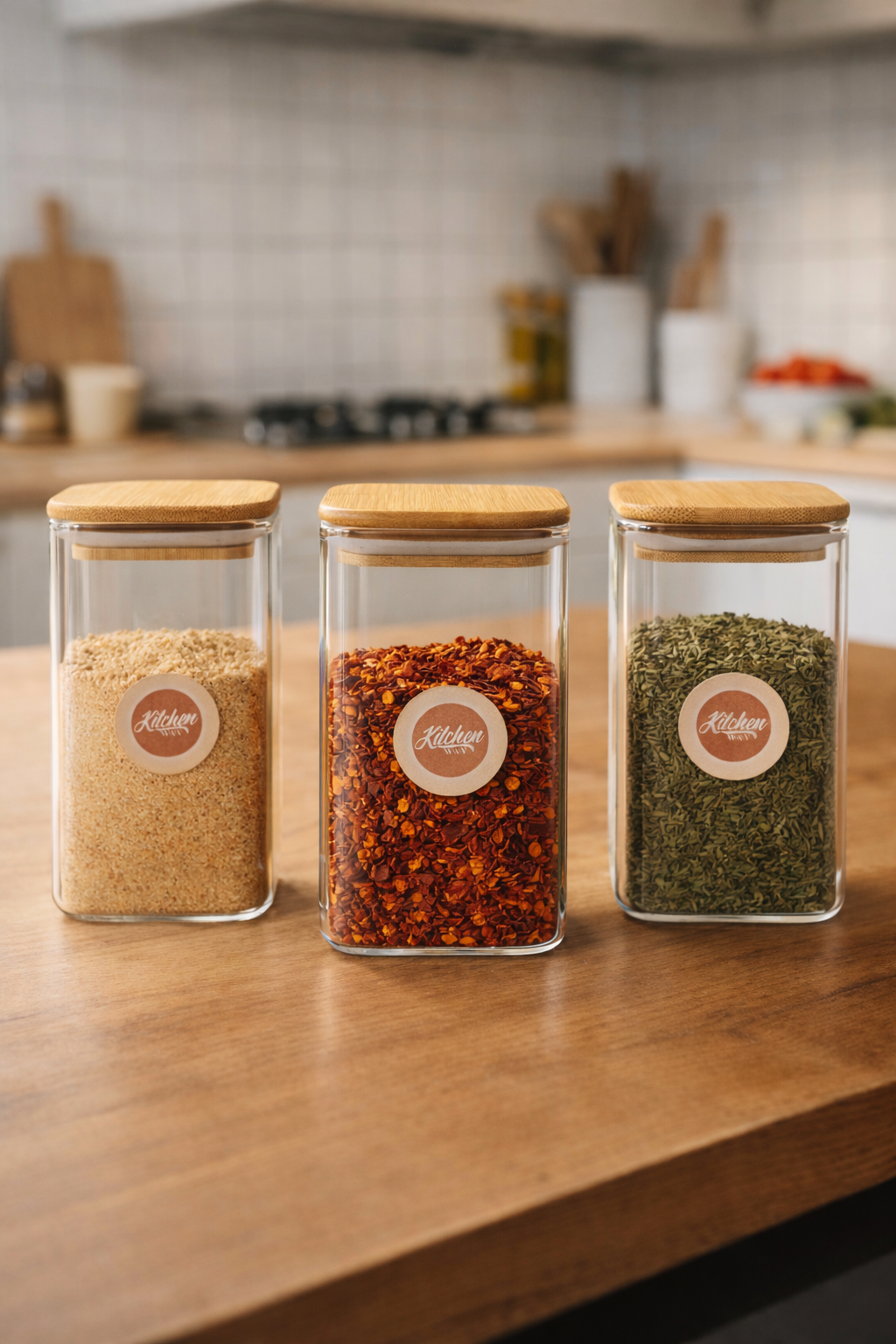 Bambu Kapaklı 3’lü Kare Cam Kavanoz Seti 300ML Gıda Saklama Kavanozu KW-1166