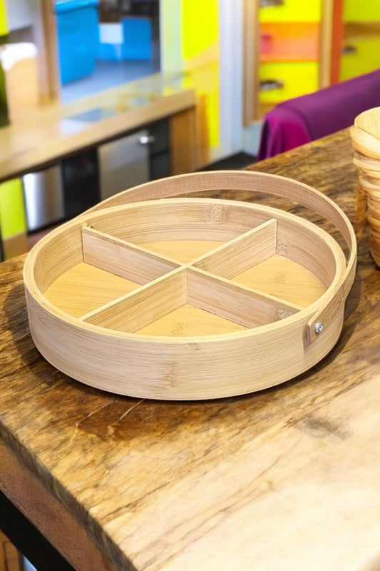 4 Oynar Bölmeli Tutma Saplı Bambu Kahvaltılık Meyvelik Çerezlik KW-175