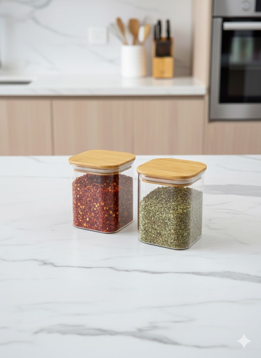 2'li Conta Bambu Kapaklı 500ML Cam Kavanoz Saklama Kavanozu KW-1163