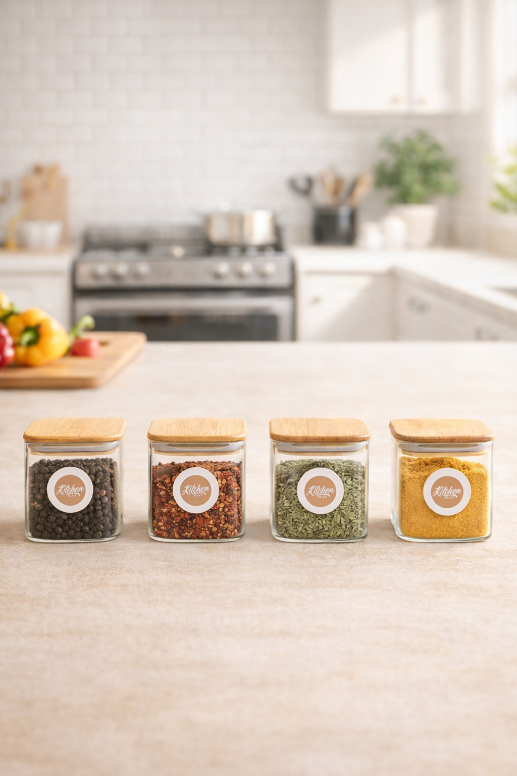 Bambu Kapaklı 4lü Kare Cam Kavanoz Seti 200ML Gıda Saklama Kavanozu KW-1164