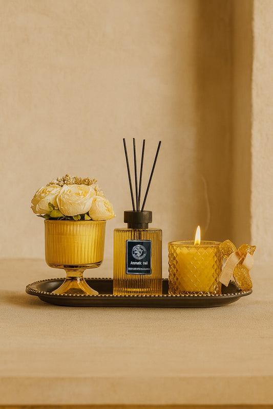 Çubuklu Koku Mum Çiçek ve Tepsi Dekoratif Set SHN-2053