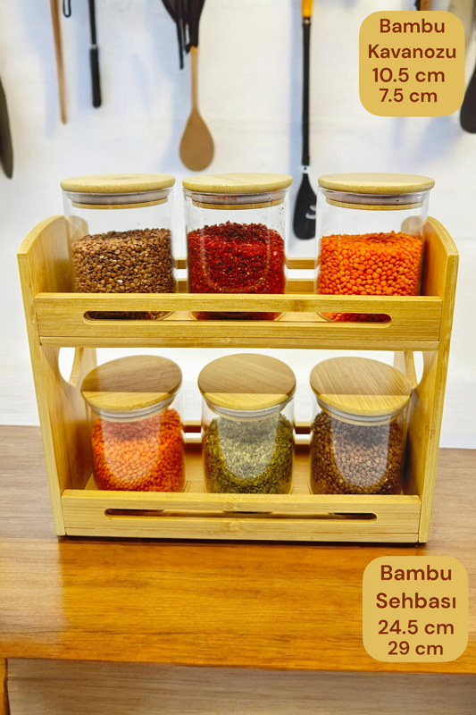 Kalp Oymalı Bambu Standlı Cam Kavanoz Bambu Kapaklı Contalı Kavanoz KW-369