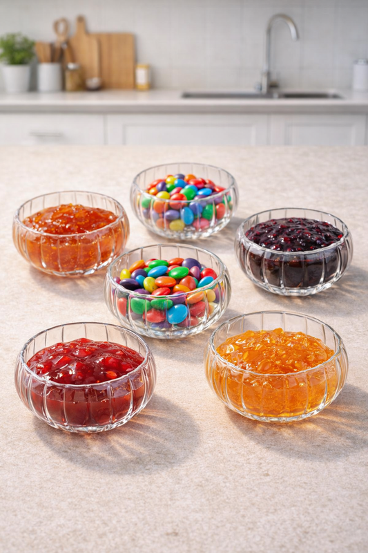 Borosilikat 6 Lı Yuvarlak Çift Cidarlı Çerezlik Cam Kase Drajelik Reçellik Seti KW-702