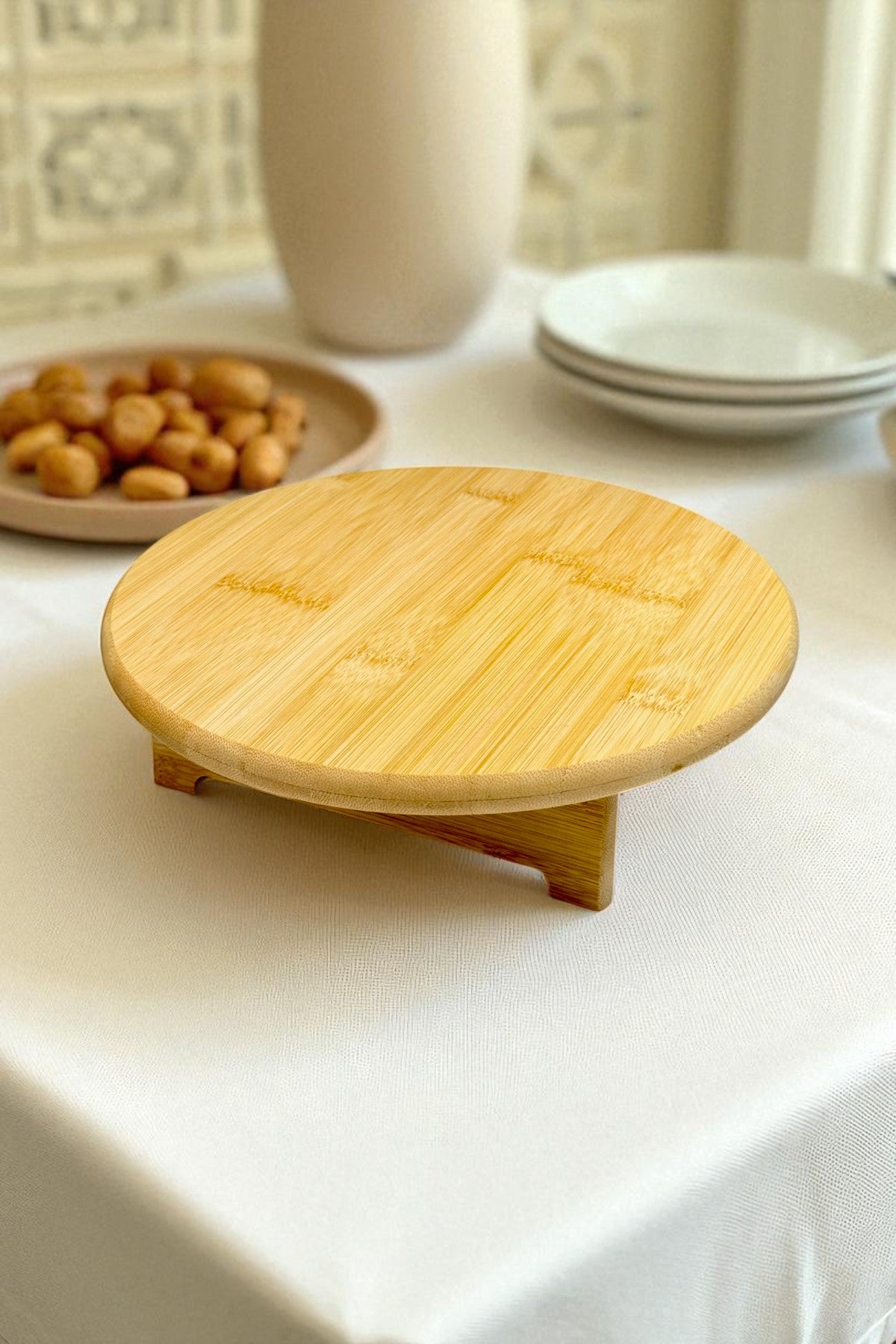 Ayaklı Yuvarlak Bambu Sunumluk Servis Tabağı 25CM CM KW-912