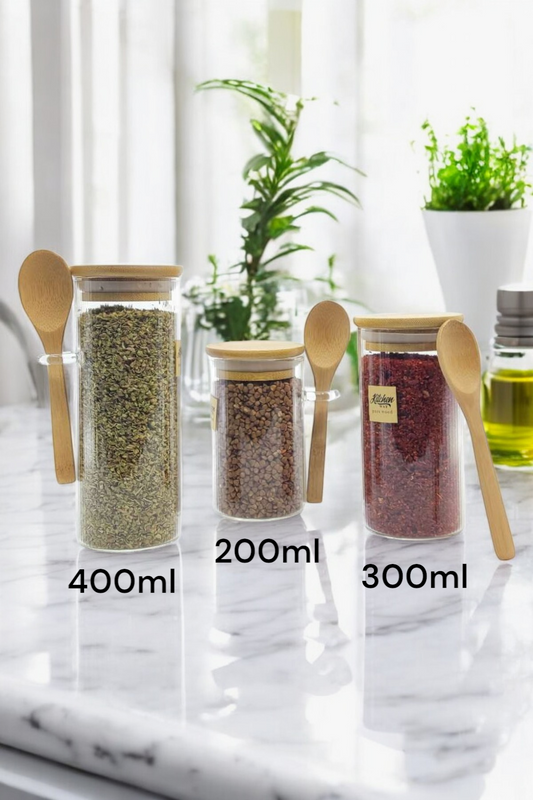 Bambu Kapaklı ve Kaşıklı Contalı 3'lü Set Kavanoz KW-372A-B-C