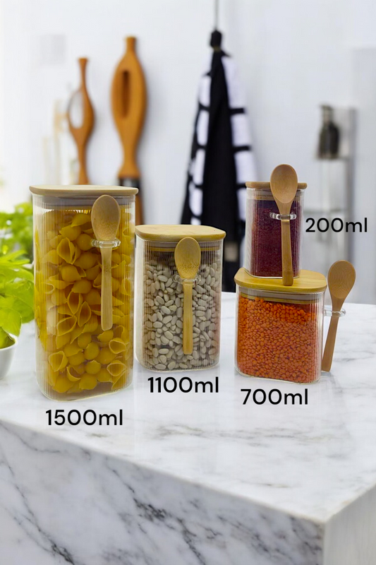 Bambu Kapaklı ve Kaşıklı Contalı 4'lü Set Kavanoz Çizgili Tasarım KW-373A-B-C-D