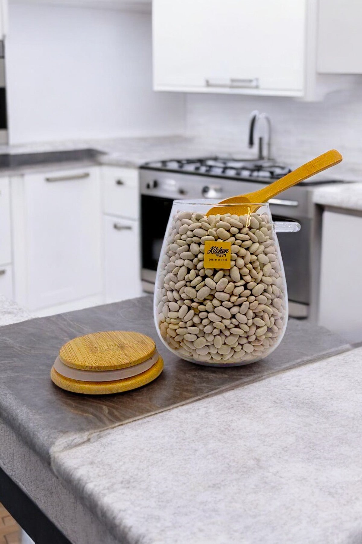 Bambu Kaşıklı Borosilikat 1000ML Isıya Dayanaklı Kavanoz KW-389C