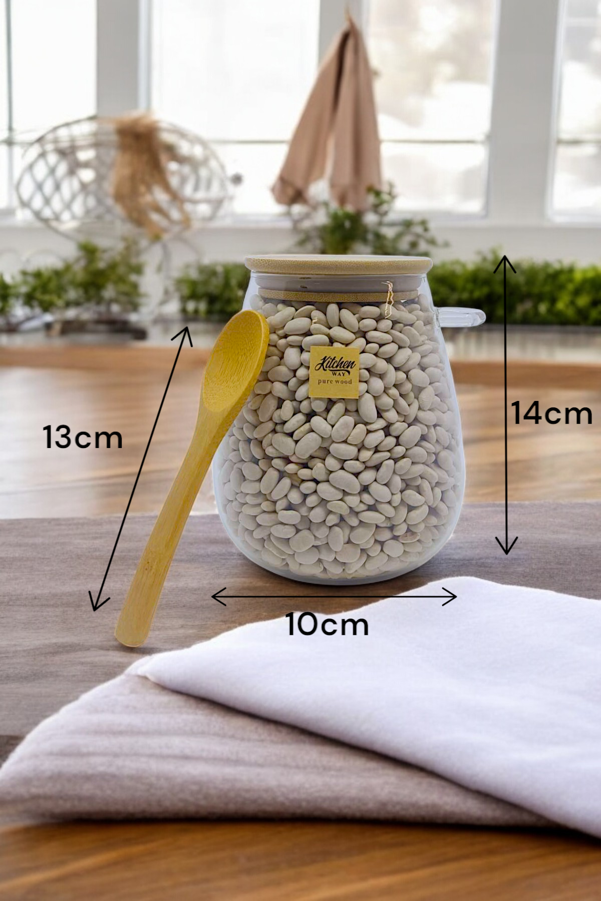 Bambu Kaşıklı Borosilikat 1000ML Isıya Dayanaklı Kavanoz KW-389C