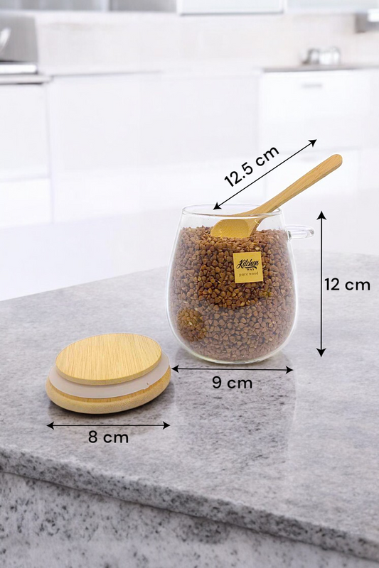 Bambu Kaşıklı Borosilikat 600ML Isıya Dayanaklı Kavanoz KW-389B