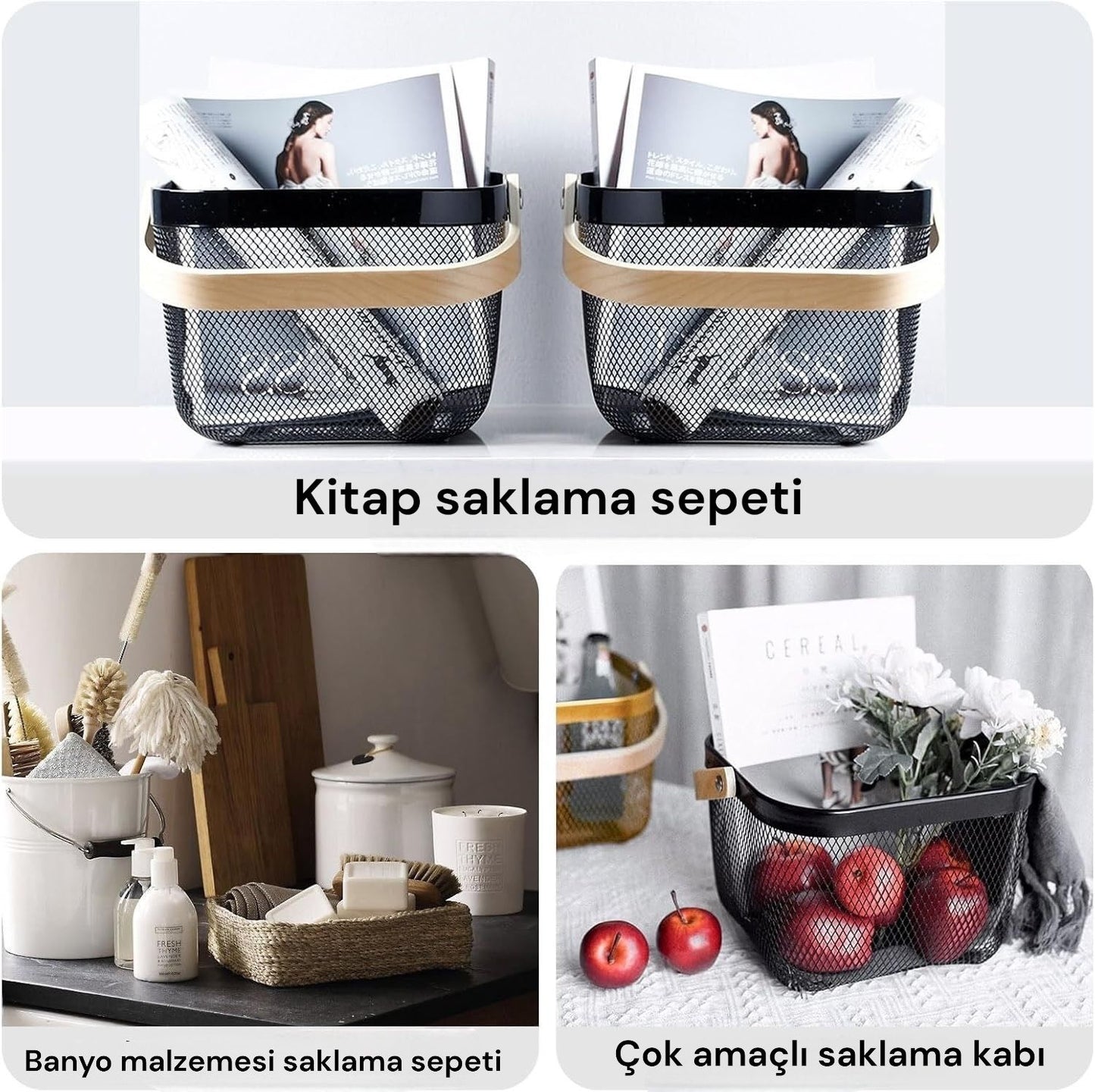 Siyah Metal Bambu Saplı Çok Amaçlı Sepeti SHN-1097