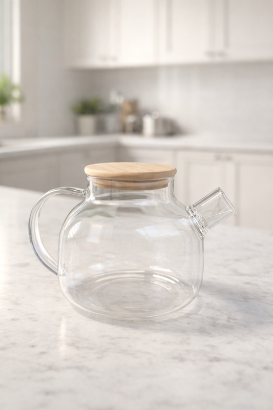 Bambu Kapaklı Borosilikat Demlik Isıya Dayanıklı Şeffaf Çay Demliği KW-1151