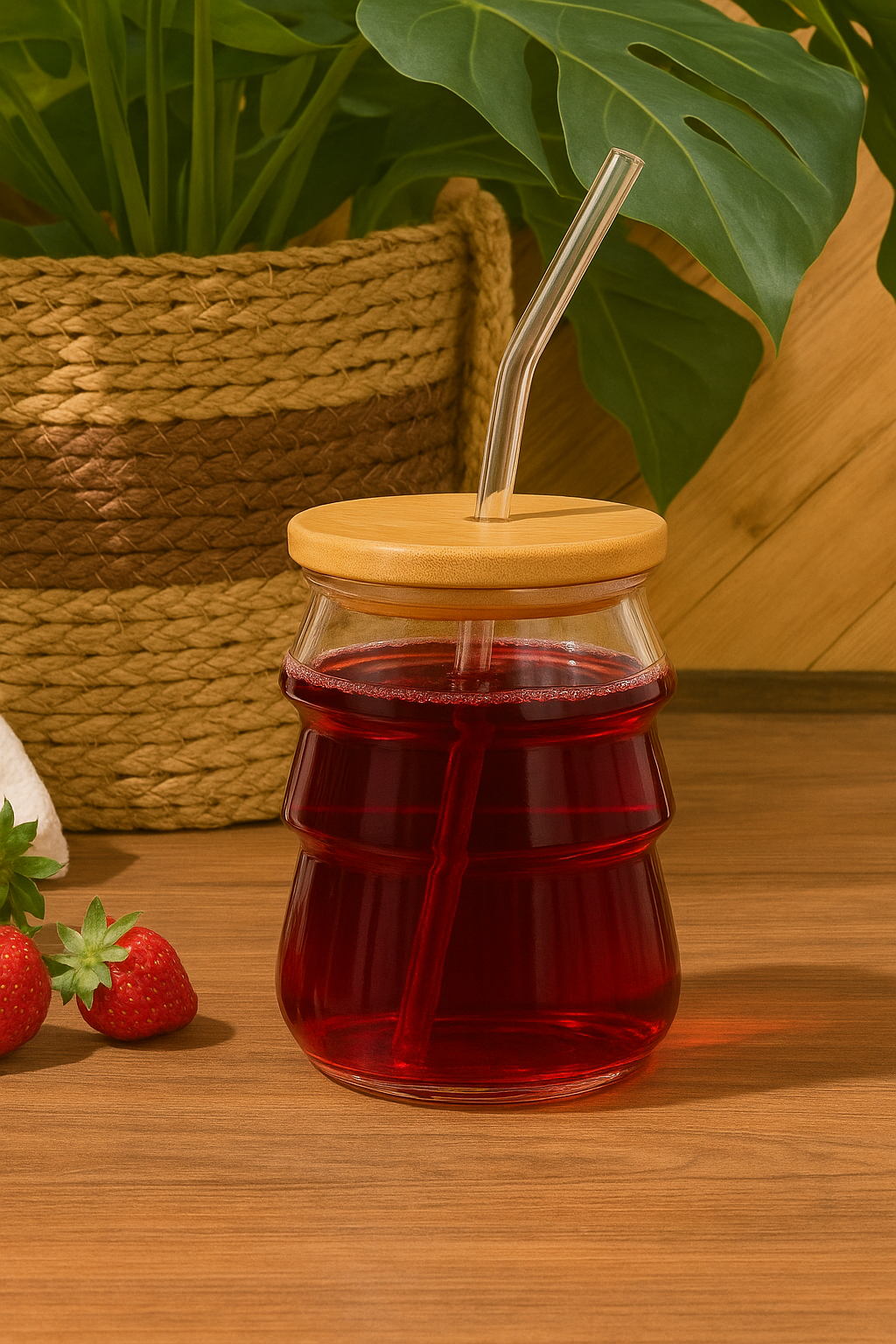 Bambu Kapaklı Borosilikat Cam Bardak KW-1067