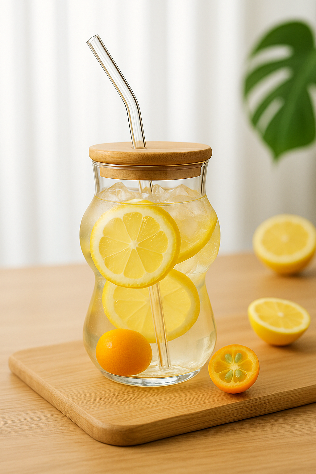 Bambu Kapaklı Borosilikat Cam Bardak KW-1066