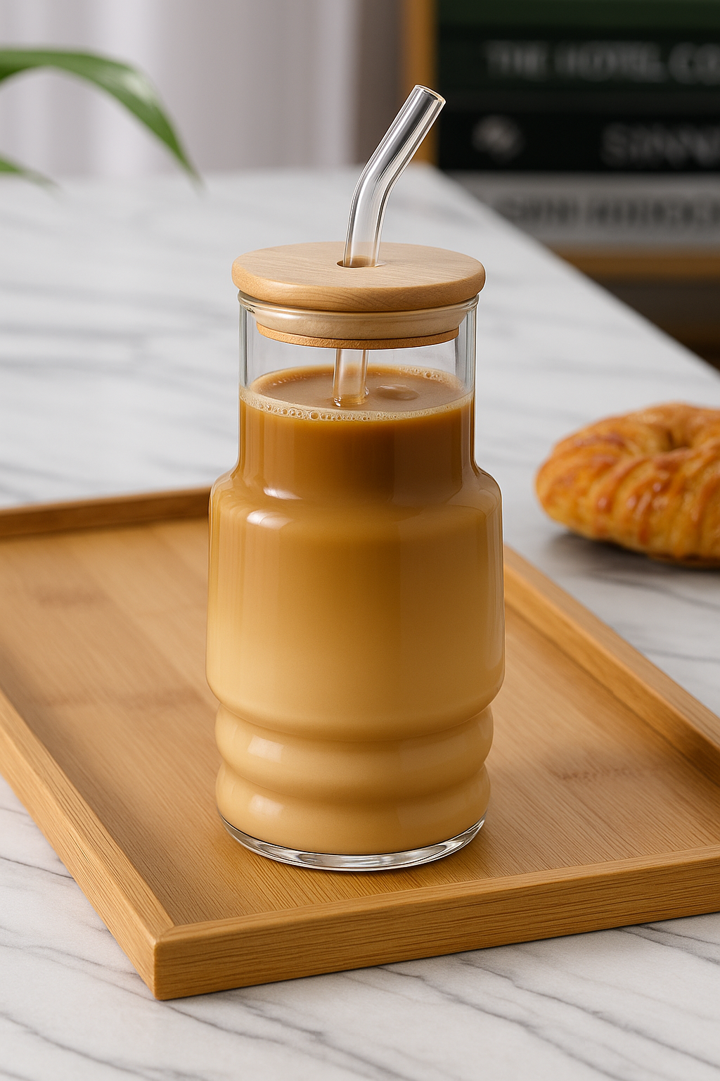 Bambu Kapaklı Borosilikat Cam Bardak KW-1070