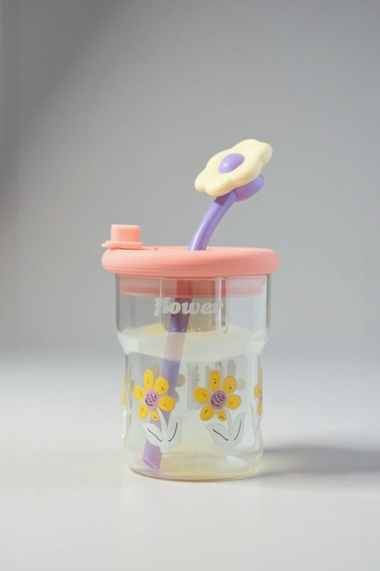 Çiçek Desenli Pipetli Kapaklı Borosilikat Lüster Cam Matara KW-884