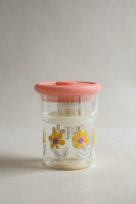 Çiçek Desenli Pipetli Kapaklı Borosilikat Lüster Cam Matara KW-884