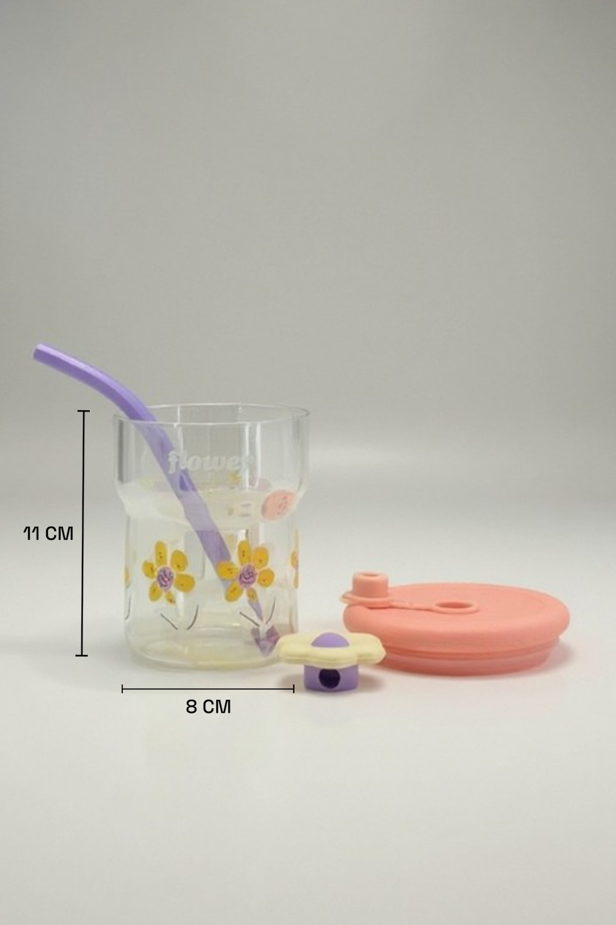 Çiçek Desenli Pipetli Kapaklı Borosilikat Lüster Cam Matara KW-884