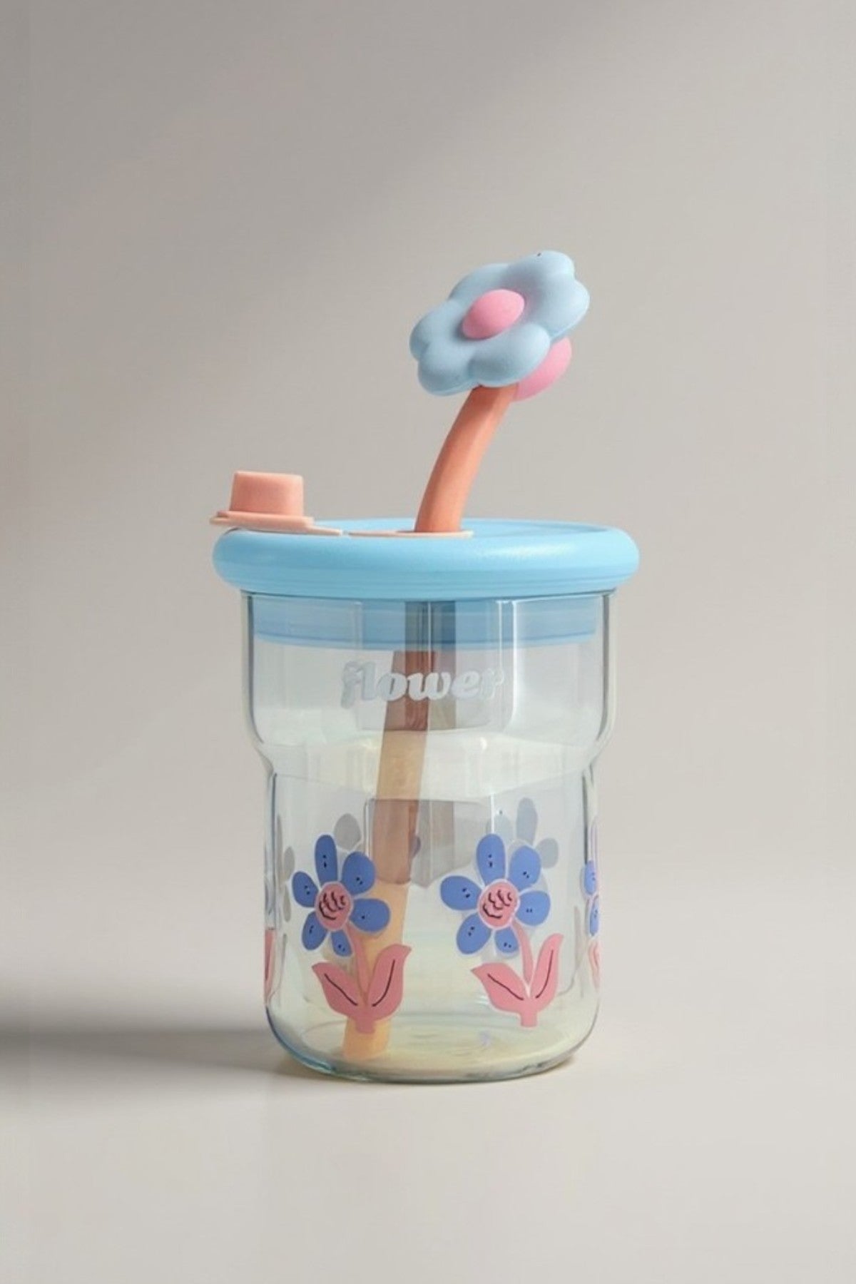 Çiçek Desenli Pipetli Kapaklı Borosilikat Lüster Cam Matara KW-884