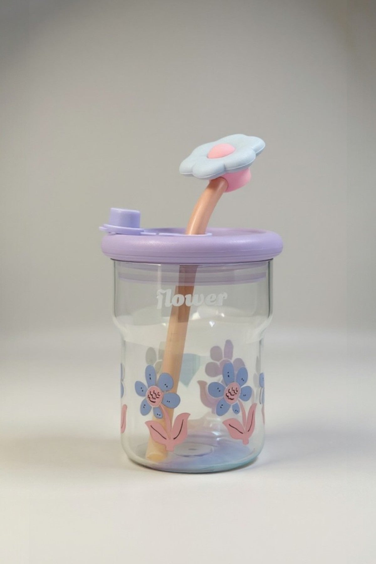 Çiçek Desenli Pipetli Kapaklı Borosilikat Lüster Cam Matara KW-884