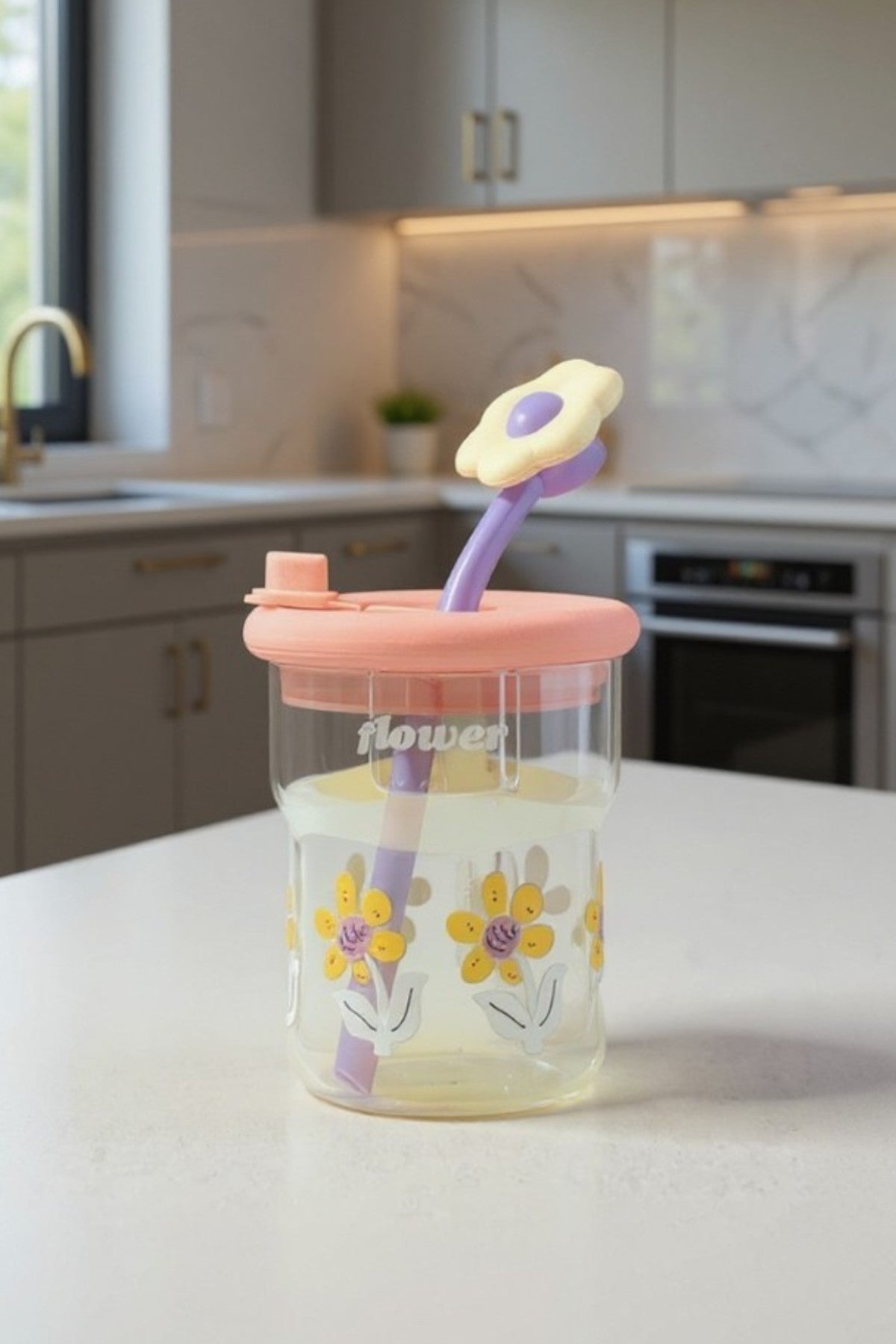 Çiçek Desenli Pipetli Kapaklı Borosilikat Lüster Cam Matara KW-884