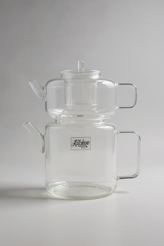 Çift Katlı Clara-Borosilikat Süzgeçli Cam Çaydanlık Seti KW-844