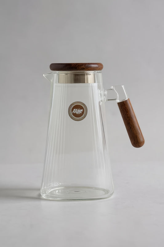 Çizgi Tasarımlı Akasya Sap - Kapaklı Borosilikat Cam Sürahi KW-852