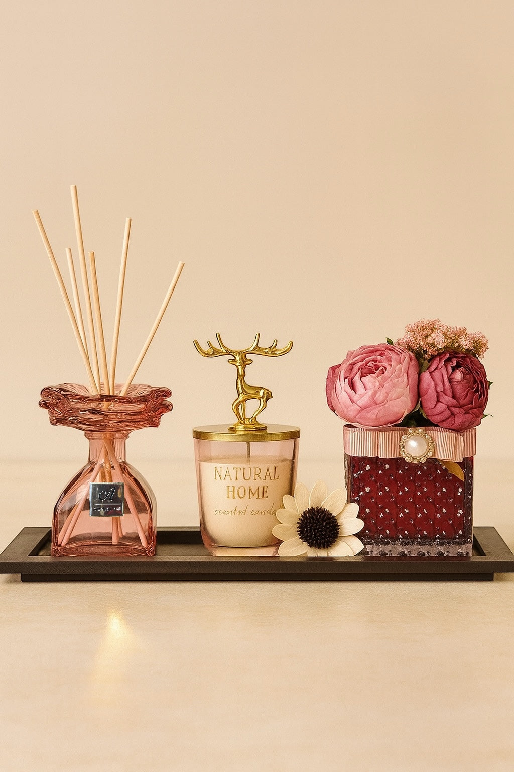 Çubuklu Koku Mum Çiçek ve Tepsi Dekoratif Set SHN-2062