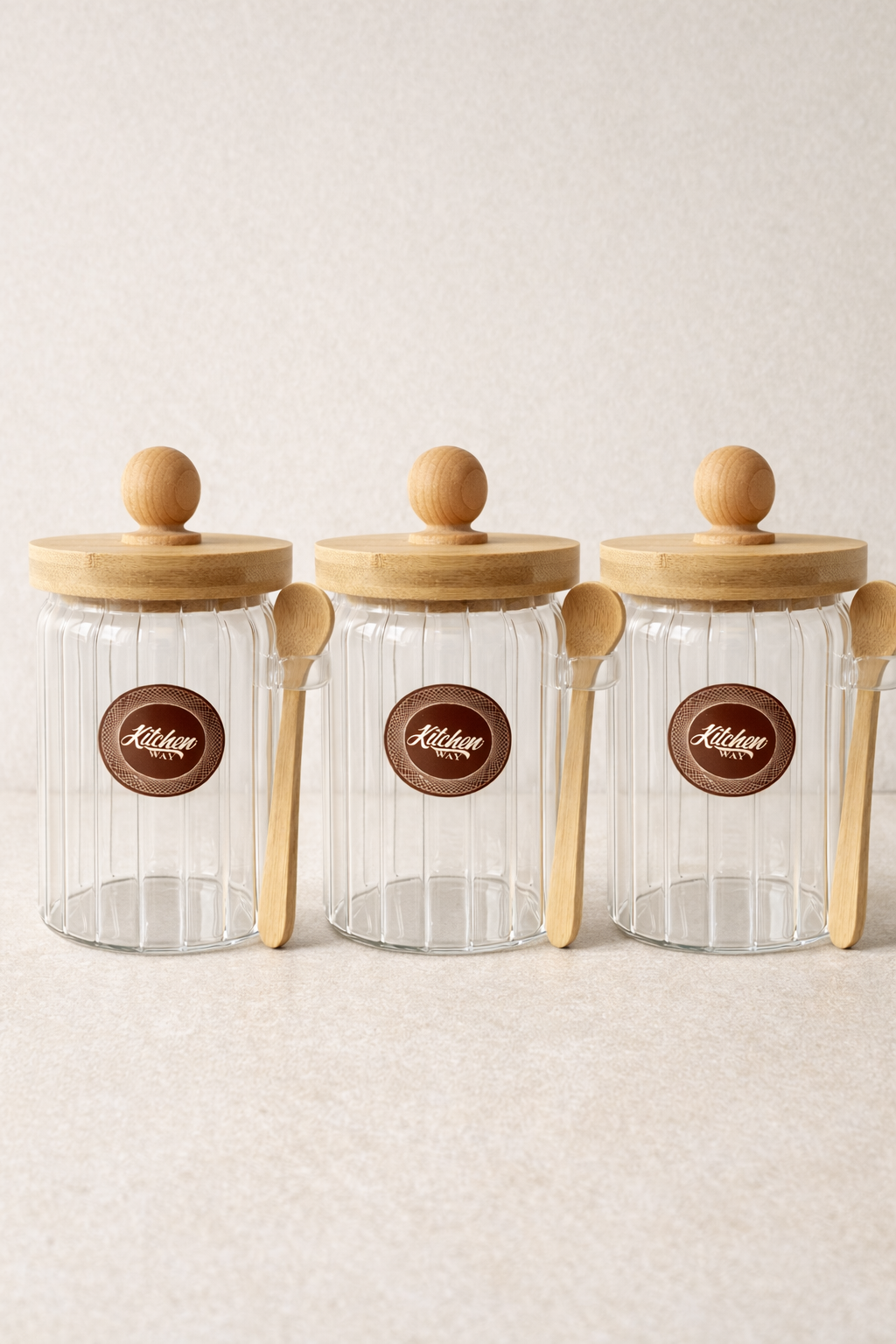 Bambu Contalı Kaşıklı Çizgili Cam Kavanoz Doğal Ahşap Kapaklı Saklama Kavanozu KW-757