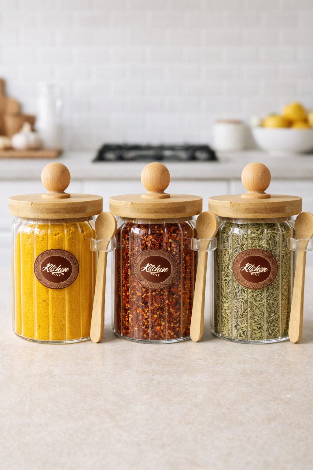 Bambu Contalı Kaşıklı Çizgili 3'lü Cam Kavanoz Doğal Ahşap Kapaklı Saklama Kavanozu Set KW-757