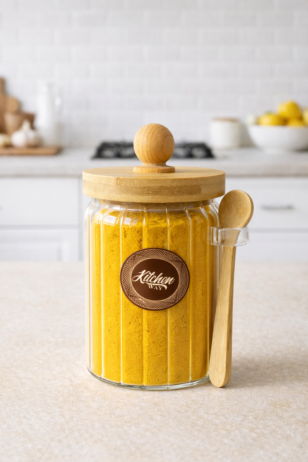 Bambu Contalı Kaşıklı Çizgili Cam 600ml Kavanoz Doğal Ahşap Kapaklı Saklama Kavanozu KW-757
