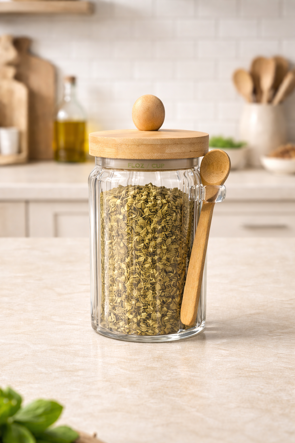 Bambu Contalı Kaşıklı Çizgili Cam 750ml Kavanoz Doğal Ahşap Kapaklı Saklama Kavanozu KW-758