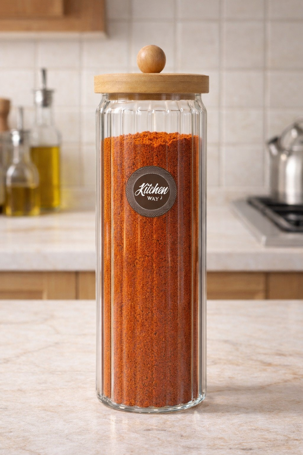 Bambu Conta Kapaklı Çizgili Borosilikat 1500ml Kavanoz KW-769