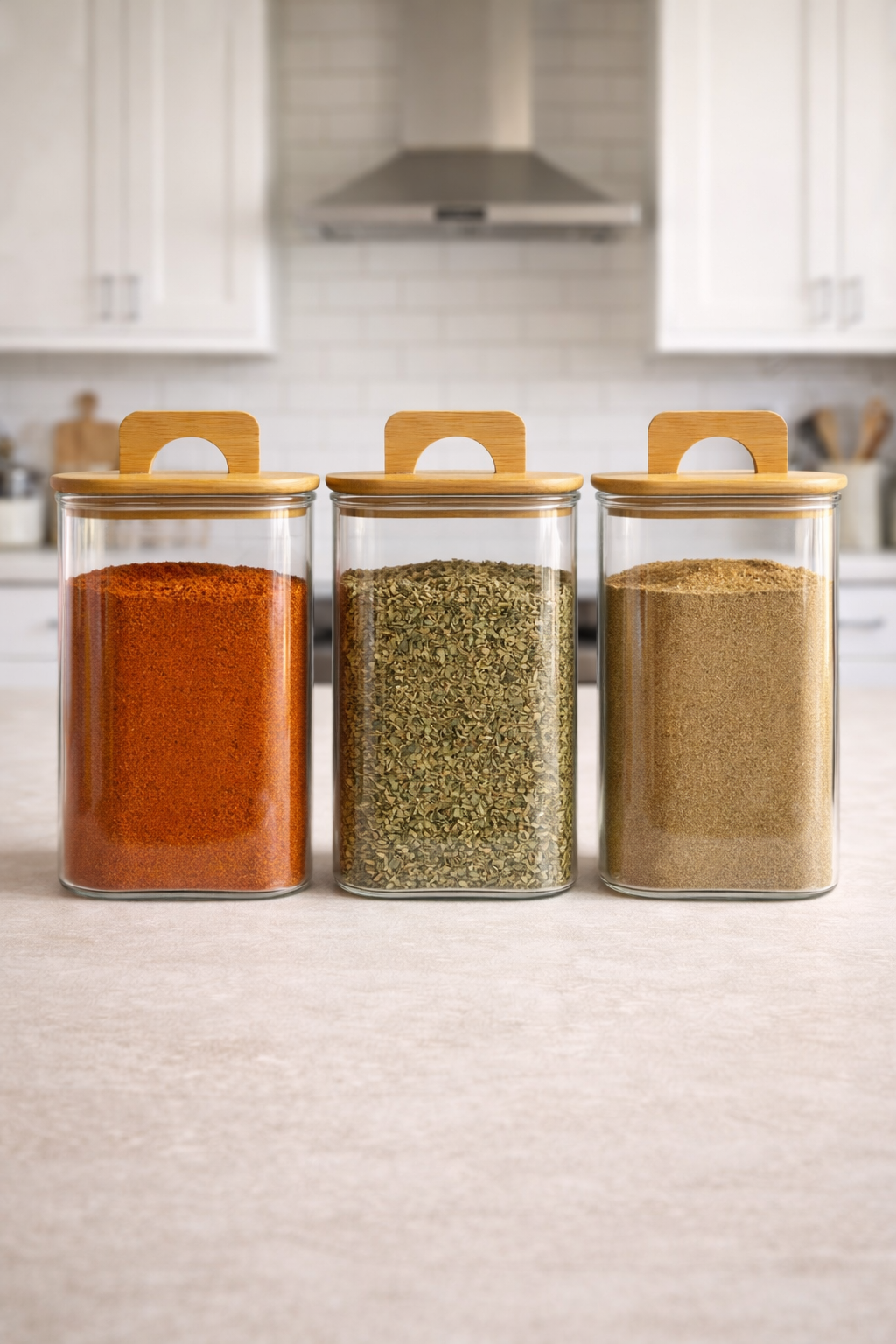 Bambu Conta Kapaklı 3'lü Borosilikat 1200ml Kare Kavanoz Seti KW-780