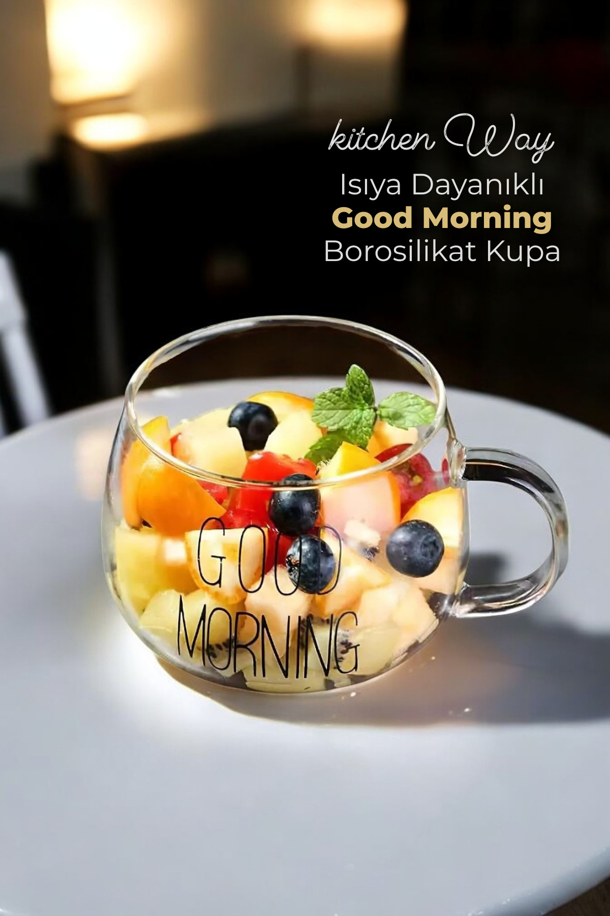 Cam Good Morning Kulplu Yuvarlak 450ML Kupa Borosilikat Sunumluk Meşrubat Bardak KW-064