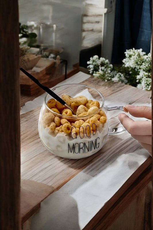 Cam Good Morning Kulplu Yuvarlak 450ML Kupa Borosilikat Sunumluk Meşrubat Bardak KW-064