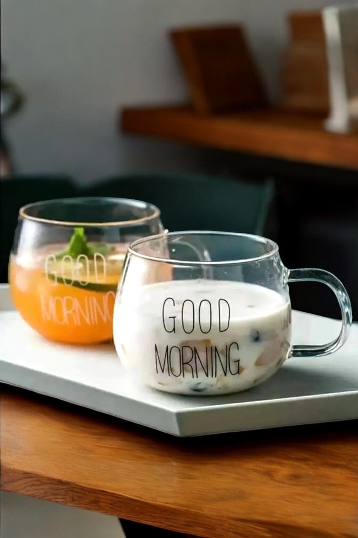 Cam Good Morning Kulplu 2 Li Yuvarlak 450ML Kupa Borosilikat Sunumluk Meşrubat Bardak KW-064