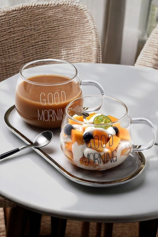 Cam Good Morning Kulplu 2 Li Yuvarlak 450ML Kupa Borosilikat Sunumluk Meşrubat Bardak KW-064