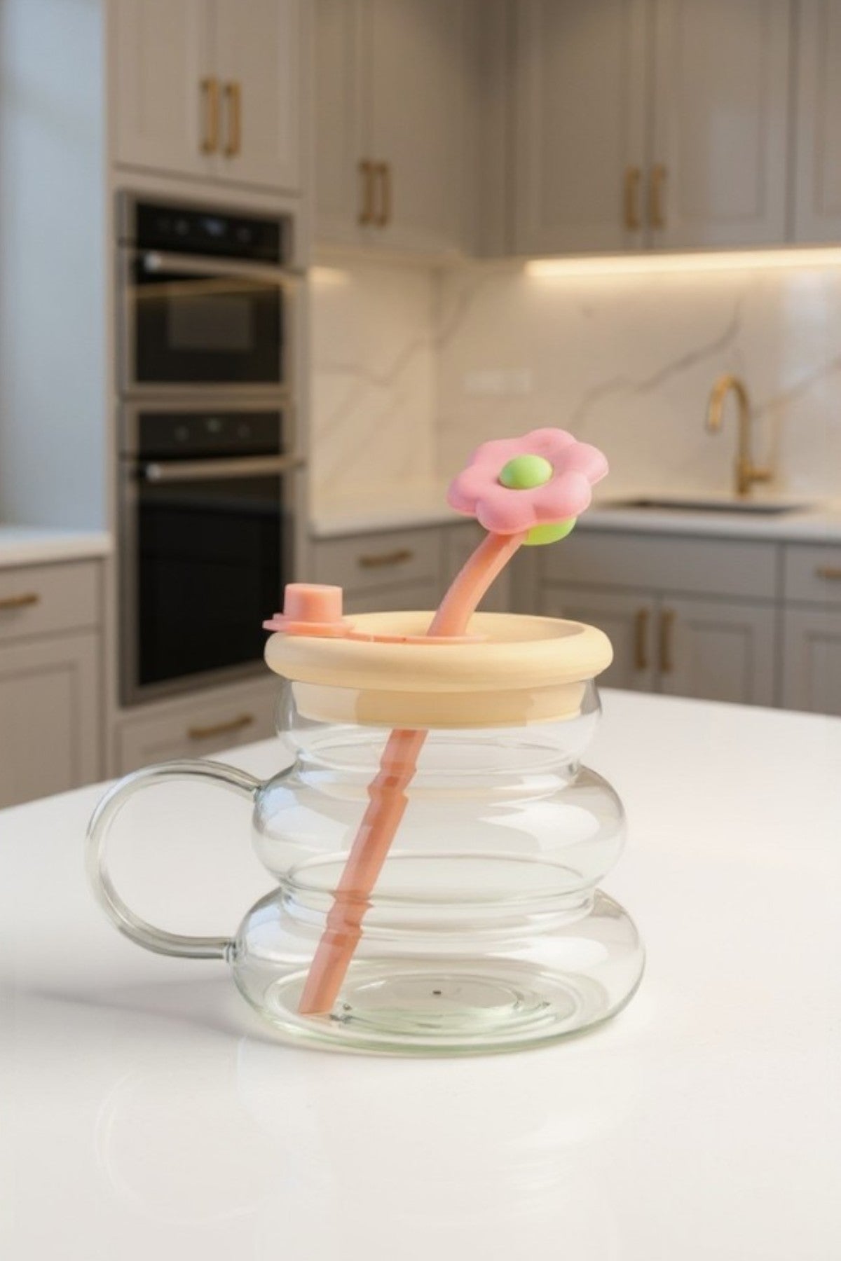 Kapaklı Pipet Kapaklı Borosilikat Bubble Cam Matara KW-896
