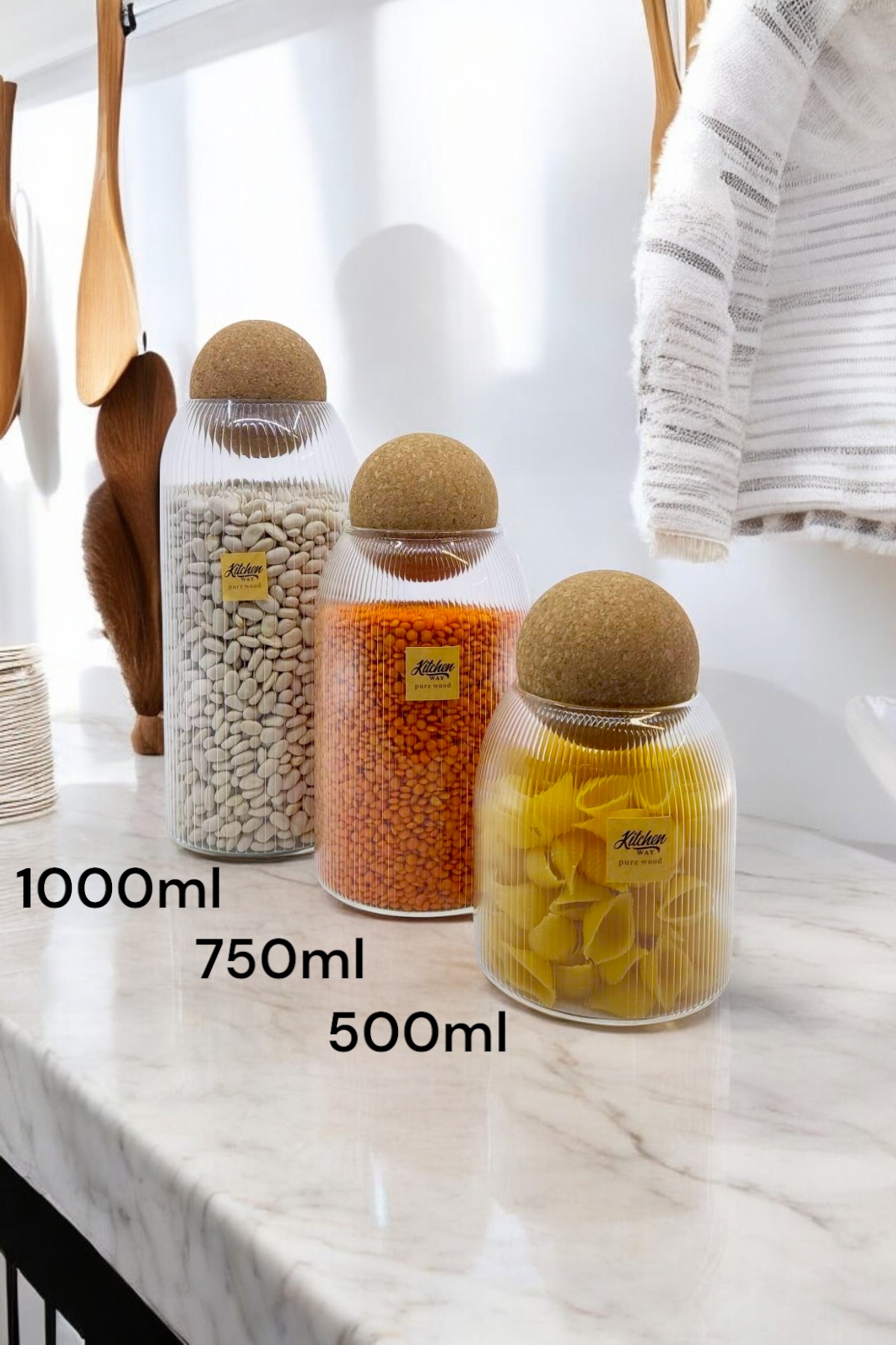 Mantar Kapaklı Çizgi Desenli Borosilikat 3 Lü Set Kavanoz KW-388